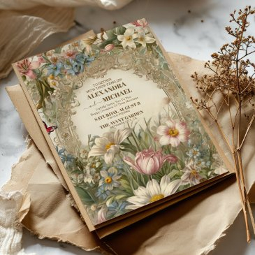 cream and gold antique gilded frame wedding invitation