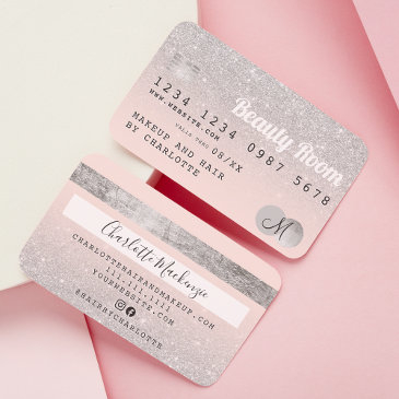 credit invitations silver glitter beauty pink monogram