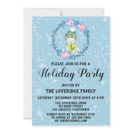 Small Cuddly Bear Wreath Xmas Holiday Party Blue Snow Invitation Front View