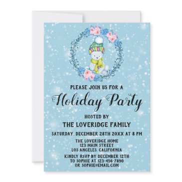 cuddly bear wreath xmas holiday party blue snow invitation