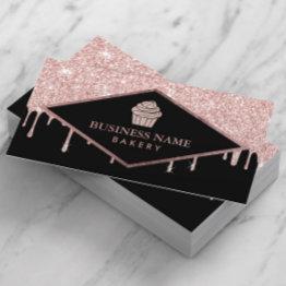 Small Cupcake Pastry Cake Bakery Rose Gold Glitter Drips Business Invitations Front View