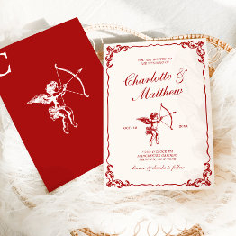Small Cupid's Arrow Red Vintage Wedding Invitation Front View
