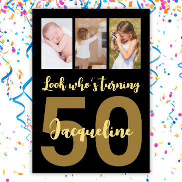 custom 50th birthday gold modern photo collage invitation