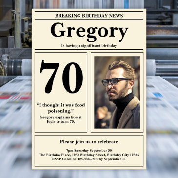 custom 70th birthday funny quote retro newspaper invitation