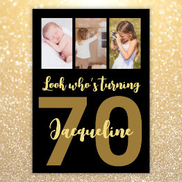 Small Custom 70th Birthday Gold Modern Photo Collage Invitation Front View