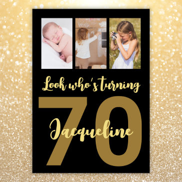 custom 70th birthday gold modern photo collage invitation