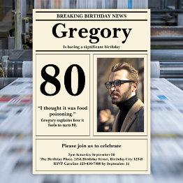 Small Custom 80th Birthday Funny Quote Retro Newspaper Invitation Front View