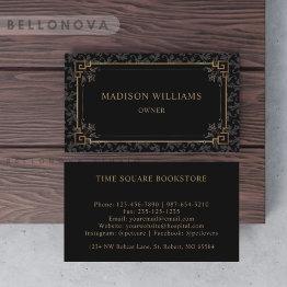 Small Custom Black And Gold Brown Floral Monogram Business Invitations Front View