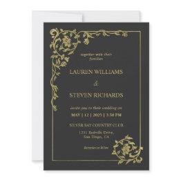 Small Custom Black Gold Royal Ancient Decoration Wedding Invitation Front View