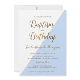 Small Custom Blue Gold Joint Baptism And Birthday Invitation Front View
