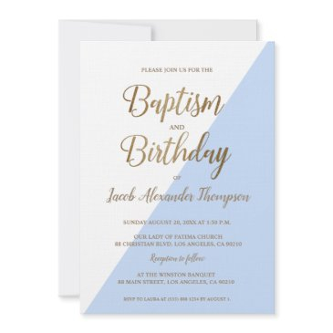 custom blue gold joint baptism and birthday invitation