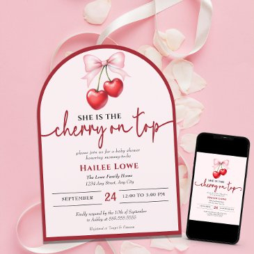 custom cherry on top coquette pink bow baby shower invitation