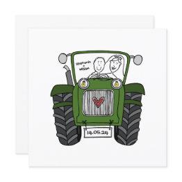 Small Custom Country Wedding Green Tractor Invitation Front View