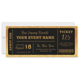 Small Custom Event Ticket Concert Fake Ticket Black Gold Invitation Front View