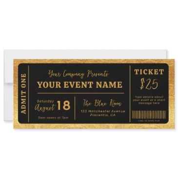 custom event ticket concert fake ticket black gold invitation
