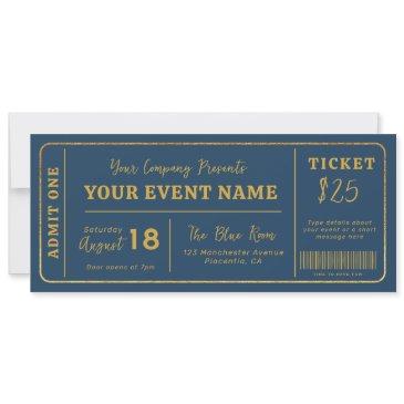 custom event ticket, concert fake ticket gold invitation