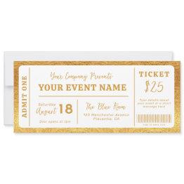 Small Custom Event Ticket Concert Fake Ticket White Gold Invitation Front View