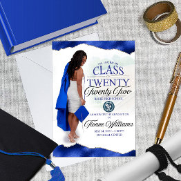 Small Custom Full Body Photo Blue Graduation Invitation Front View
