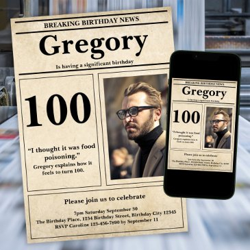 custom funny quote retro newspaper 100th birthday invitation