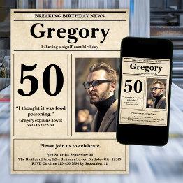 Small Custom Funny Quote Retro Newspaper 50th Birthday Invitation Front View
