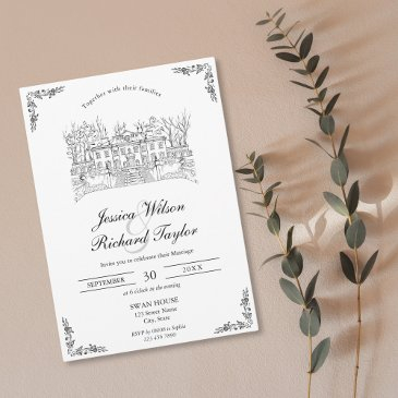 custom hand drawn venue manor illustration wedding invitation