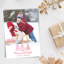Small Custom Photo Merry Bright Pink Red Trees Christmas Holiday Invitations Front View