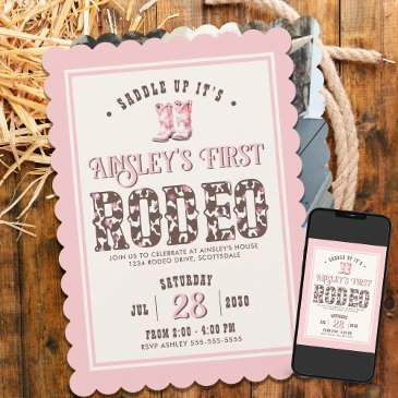 custom photo pink first rodeo girls 1st birthday invitation