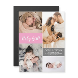 Small Custom Pink Baby Girl 2nd Child Photo Collage Magnetic Invitation Front View
