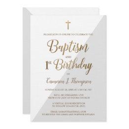 Small Custom Virtual Gold Baptism And First Birthday Invitation Front View