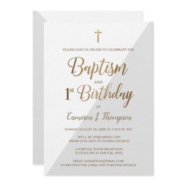 custom virtual gold baptism and first birthday invitation