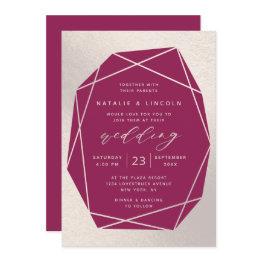 Small Cut Gemstone Magenta & Champagne Pink Foil Wedding Invitation Front View