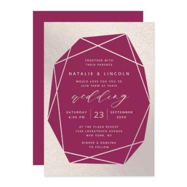 cut gemstone magenta & champagne pink foil wedding invitation