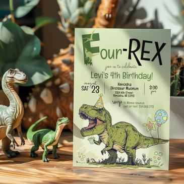 cute 4-rex funny dinosaur boy 4th birthday party invitation