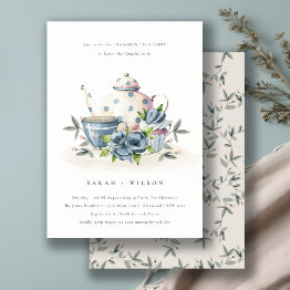 Small Cute Aqua Blue Floral Teapot Cup Engagement Invite Front View