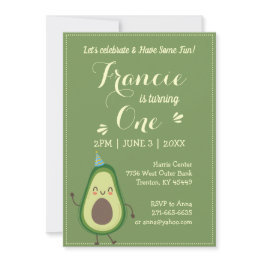Small Cute Avocado Personalize Colorful 1st Birthday Invitation Front View