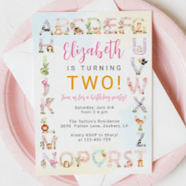 Small Cute Baby Animals Alphabet Birthday Invitation Front View