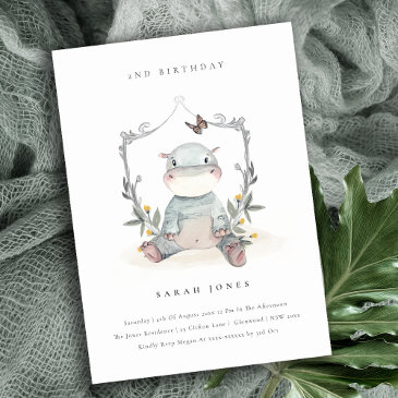 cute baby hippo foliage any age birthday invite