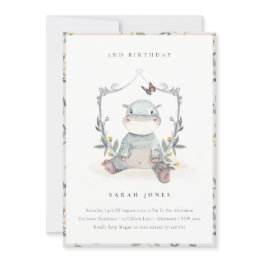 Small Cute Baby Hippo Foliage Any Age Birthday Invite Front View