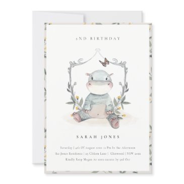 cute baby hippo foliage any age birthday invite