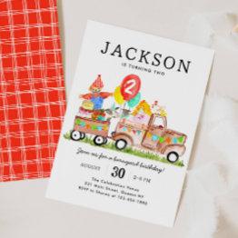 Small Cute Barnyard Animals Truck Kids Farm Birthday Invitation Front View