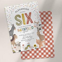 Small Cute Barnyard Farm 6th Birthday Invitation Front View
