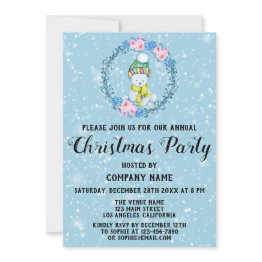 Small Cute Bear Wreath Company Christmas Party Blue Snow Invitation Front View