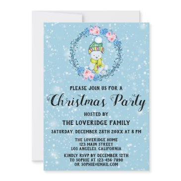 cute bear wreath holiday christmas party blue snow invitation