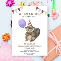 Small Cute Beaver 1st Birthday Party Invitation Front View