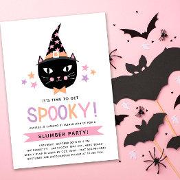 Small Cute Black Witch Cat Pastel Birthday Slumber Party Invitation Front View