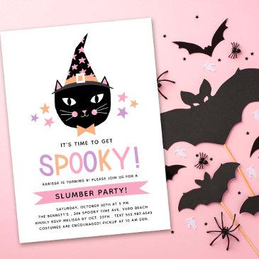 cute black witch cat pastel birthday slumber party invitation
