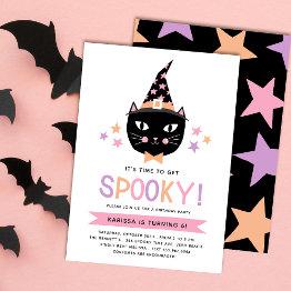 Small Cute Black Witch Cat Pastel Halloween Birthday Invitation Front View