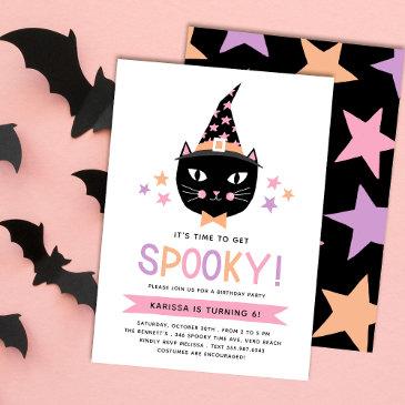 cute black witch cat pastel halloween birthday invitation