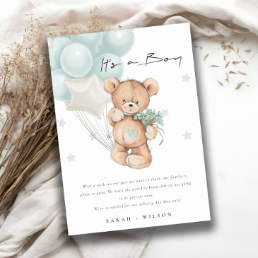 cute blue bear balloon baby announcement invitations