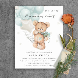 Small Cute Blue Bear Bearly Wait Balloon Baby Shower Postinvitations Front View